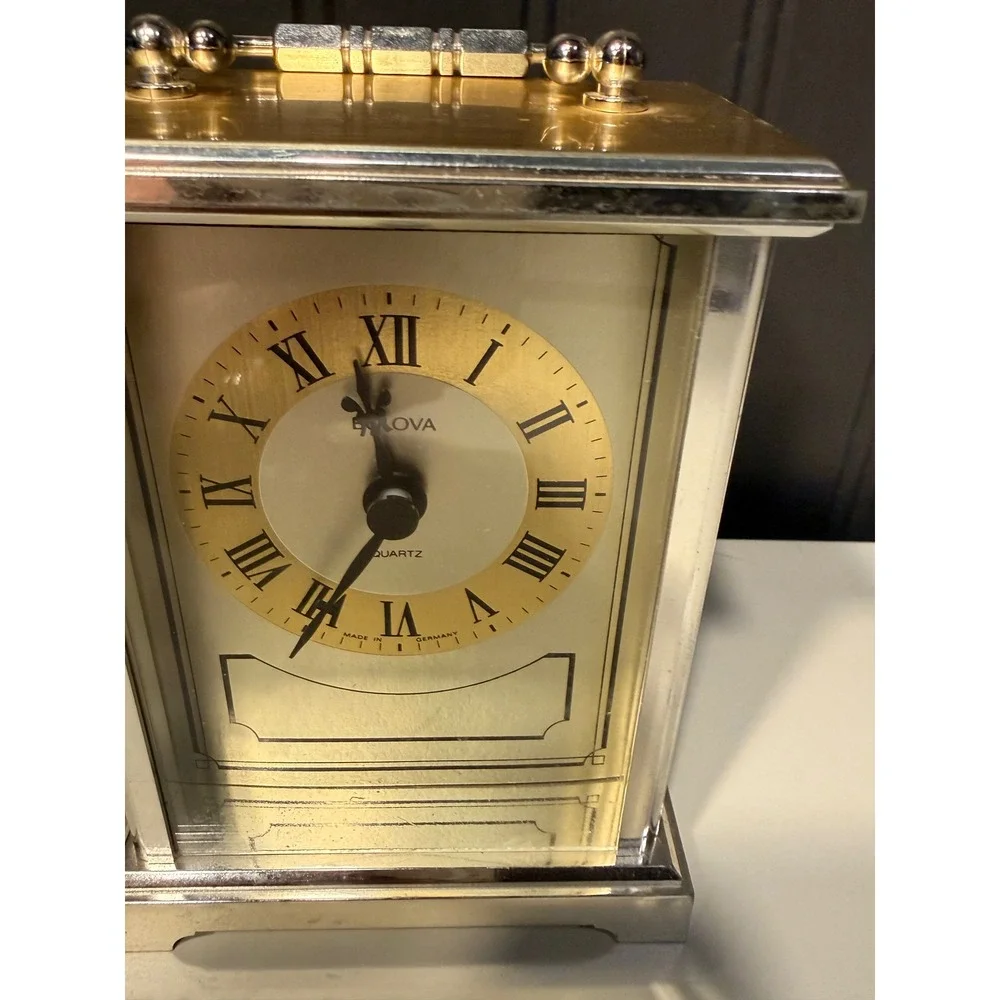 Bulova Quartz Carriage Clock Two Tone Silver Gold Roman Numeral Made in Germany
